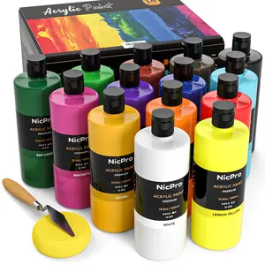Nicpro 14-Color Large Bulk Acrylic Paint Set (16.9 oz/500 ml) – Rich Non-Toxic Art Supplies for Rock, Canvas, Wood, Craft Projects, Adult Artists with Color Wheel