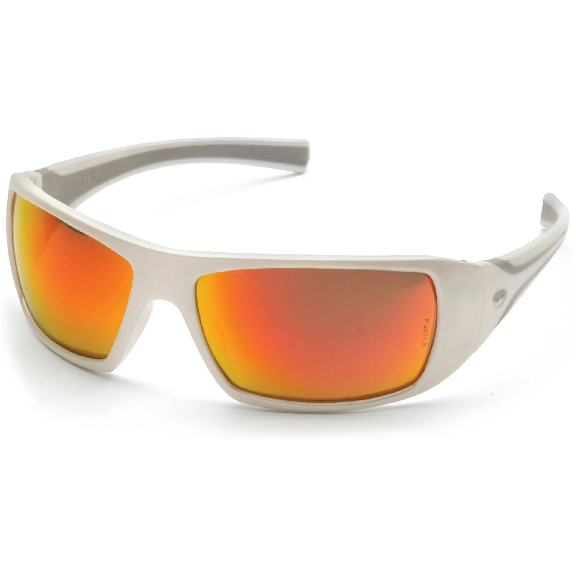 Pyramex Goliath Safety Glasses - Ergonomic Rubber Wraparound Fit, Contemporary White Frame, Sky Red Mirror Coated Lenses, 155mm, 99% UV Protection, Glare Shield, All Seasons Fashion Accessory Eyewear Sunglasses