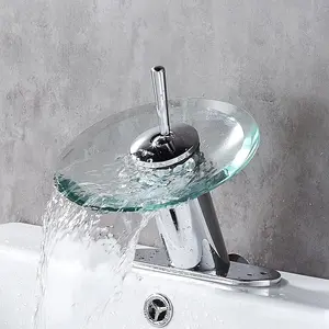 Waterfall Bathroom Sink Faucet  Brass Modern Circle Glass Waterfall Faucet for Basin Vanity Single Hole Pedestal Sink Faucets One Handle Corner Sink Bathroom Faucet, Polished Chrome