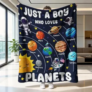 Space Planet Flannel Blanket, Soft Skin-Friendly Warmth, Sofa Bedroom Nap Multi-Scene Use, Classic Style Print Pattern, Flannel Throw Blanket