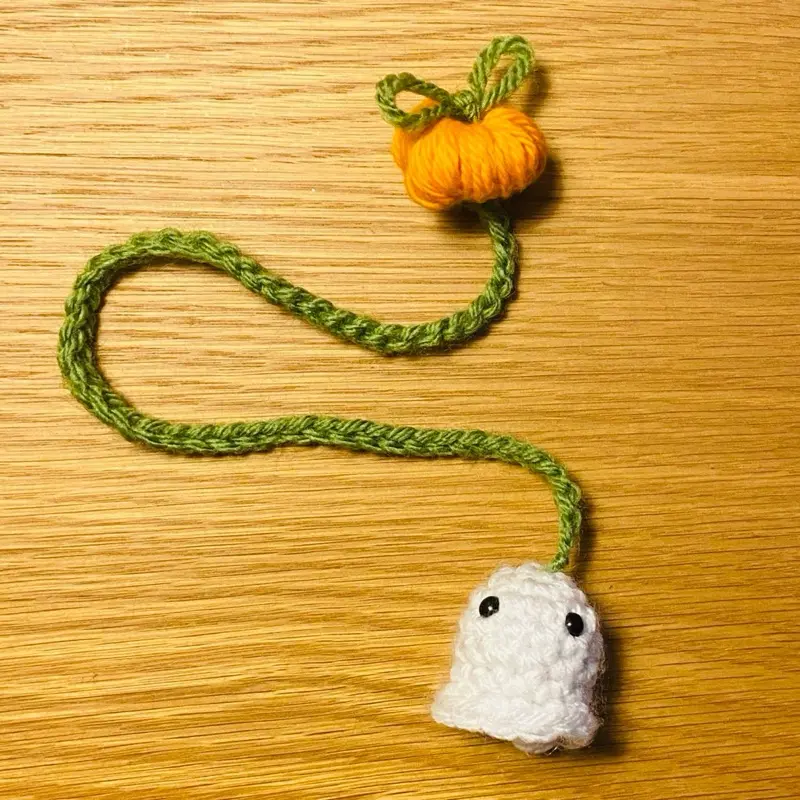 Fall Handmade Crochet Bookmark with Pumpkin & Ghost Charms Green & Orange Colors
