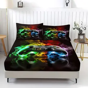 3 Pcs Rainbow Smoke Xbox Controller Fitted Sheet Set, 1 Fitted Sheet & 2 Pillowcases (no filler), Rainbow Smoke Xbox Pattern, Fits Gaming Room/Dorm/Homestay Decor, Ideal for Xbox Gamers/Students/Couples/Holiday Gifters