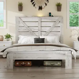 Size Farmhouse Platform Bed Frame with Barn Door Headboard, Charging Station & Touch Light