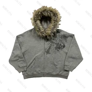 Fur collar cardigan zipper hooded jacket autumn and winter punk hip-hop rock dark style rock fashion all-match Y2K retro jacket