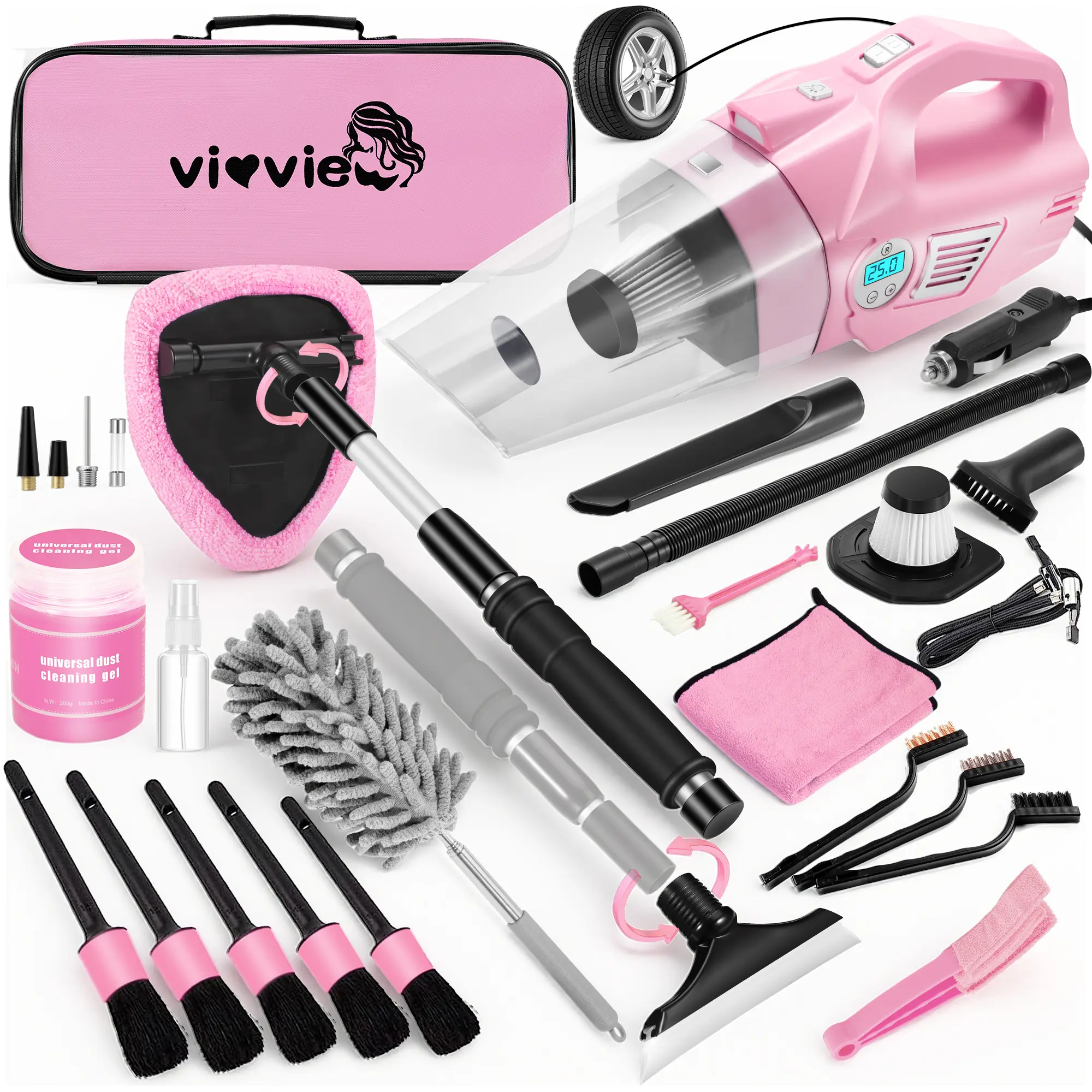 【summerfinds】Vioview Pink Car Cleaning Kit, 21PCS Car Detailing Kit Interior Cleaner with 4-in-1 Handheld Car Vacuum Cleaner, Detailing Brush Set, Side Mirror Squeegee, Car Accessories for Cleaning, Gift for Women