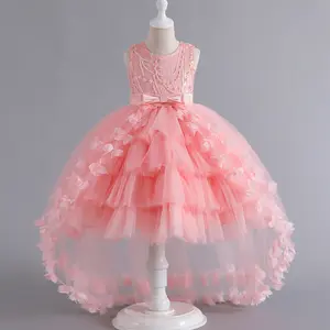 NewGirls Elegant & Fancy Sleeveless Fake Pearls Decor Bowknot Front Tiered Mesh Tutu Dress With Flowers Design For Party & Ball