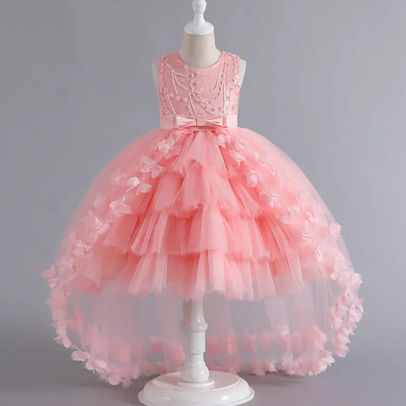 Girls' Elegant Formal Sleeveless Tiered Mesh Tutu Dress - Crew Neck, Faux Pearl Neckline, Bow-Front Charm, Floral Appliqués, Polyester Blend, Skinny Fit for Twirls, Cute Look, Dry Clean, Sizes 4-5Y, 5-6Y
