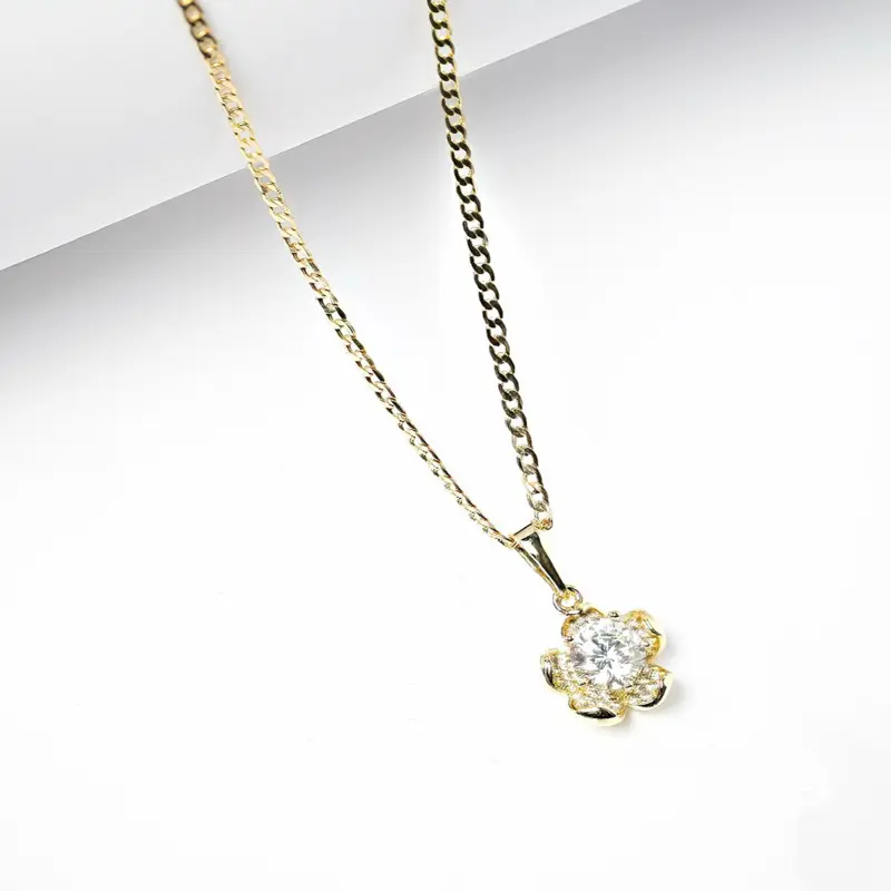 14K Gold Plated Flower Solitaire Necklace with 2mm Chain 16 18 22 Elegant Design Featuring Brilliant Round Clear Stone for Everyday Wear, Multiple Lengths