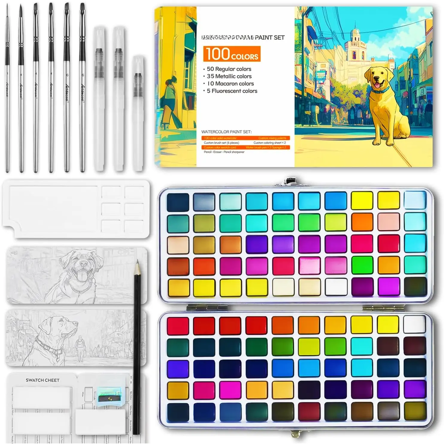 Watercolor Paint Set 100 Colors, Travel Sized Portable Box, Watercolor Paint Kit for Beginners and Professionals, with Brushes and Palette, Art Supplies Set for Artists Teens  Adults