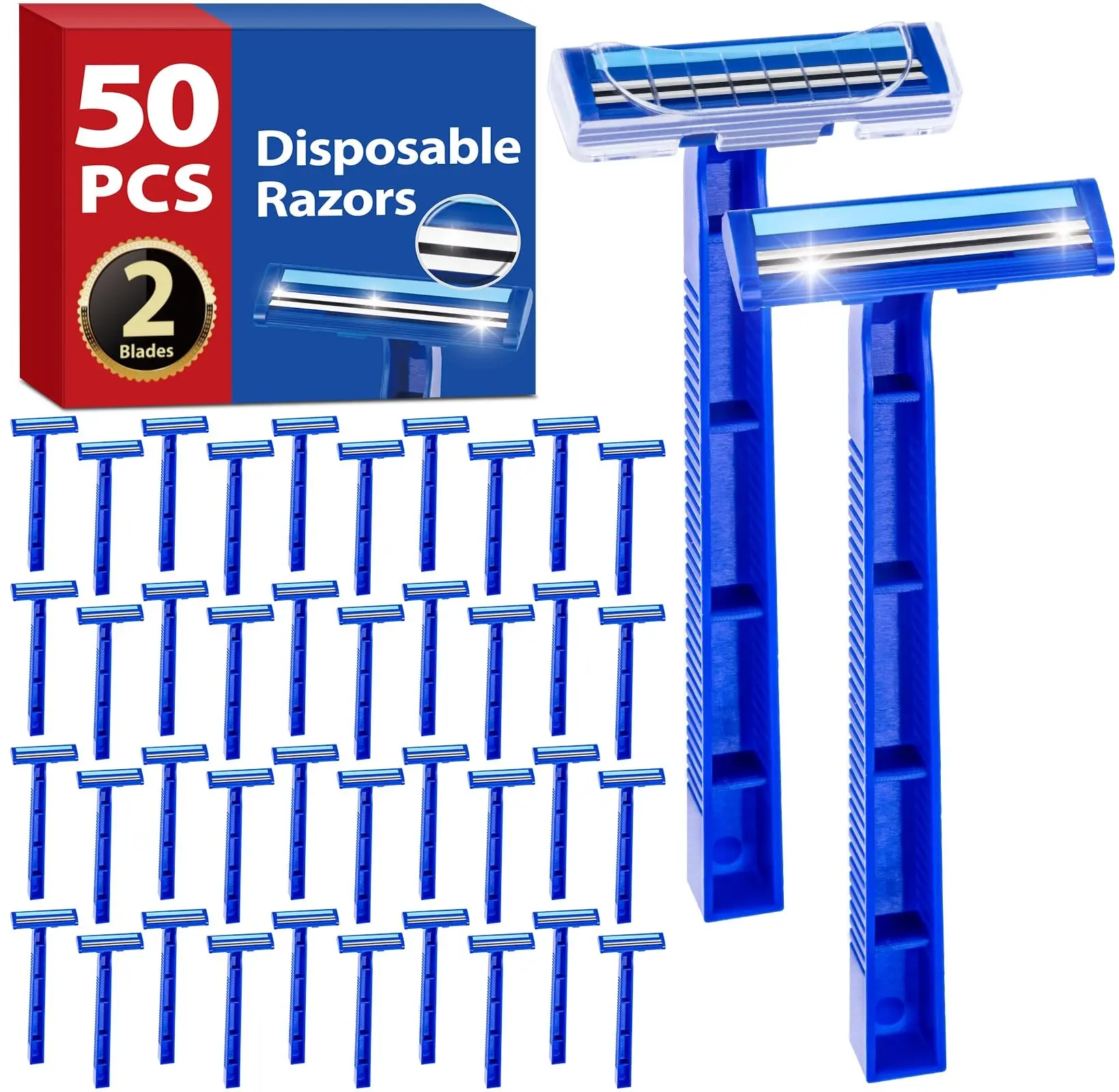 50 Pcs Disposable Razors with Lubricating Strip 2 Blade Razors with Clear Safety Cap Multipurpose Portable Shave Razor for Bathing Hotel Travel Blue Bulk Pack