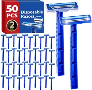 50 Pcs Disposable Razors with Lubricating Strip 2 Blade Razors with Clear Safety Cap Multipurpose Portable Shave Razor for Bathing Hotel Travel Blue Bulk Pack