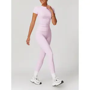 Women's Plain Round Neck Crop Tee & High Waist Leggings Tracksuit Set, Sport Breathable Quick Drying Short Sleeve T-Shirt & Skinny Pants Set for Yoga Gym Workout Running, Ladies Sportswear for All Seasons Athletic Tracksuit Set