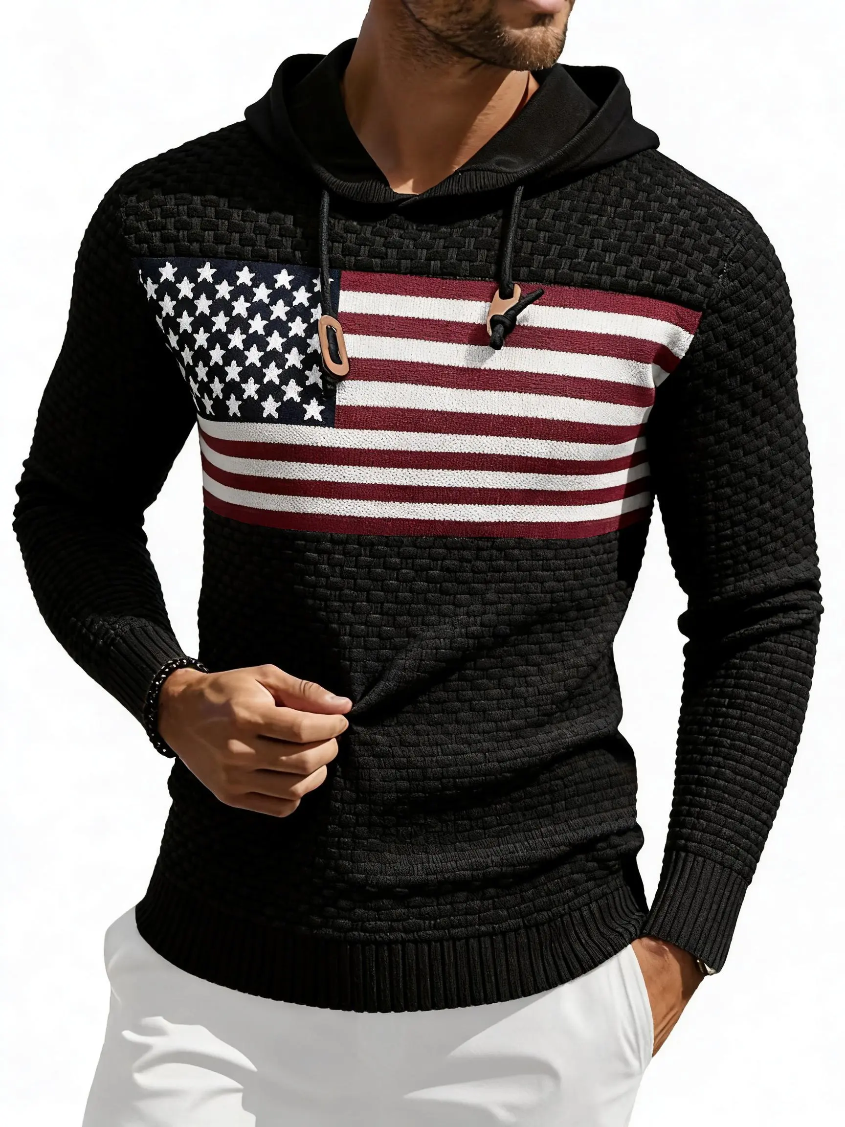 Men's Hooded Sweater, American Flag Colorblock Waffle-Knit Pullover with Drawstring and Ribbed Cuffs, Mensfashion, Patriotic, Pullover Hoodie