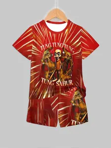 Kids "TUNG TUNG" Cartoon Character All-over Print Short Sleeve & Shorts Loungewear Set Pajama Sets Print Sleepwear
