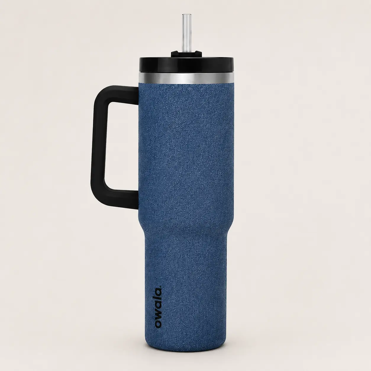 Owala 40oz Denim Tumbler, Textured Deep Blue Design with Black Handle and Straw