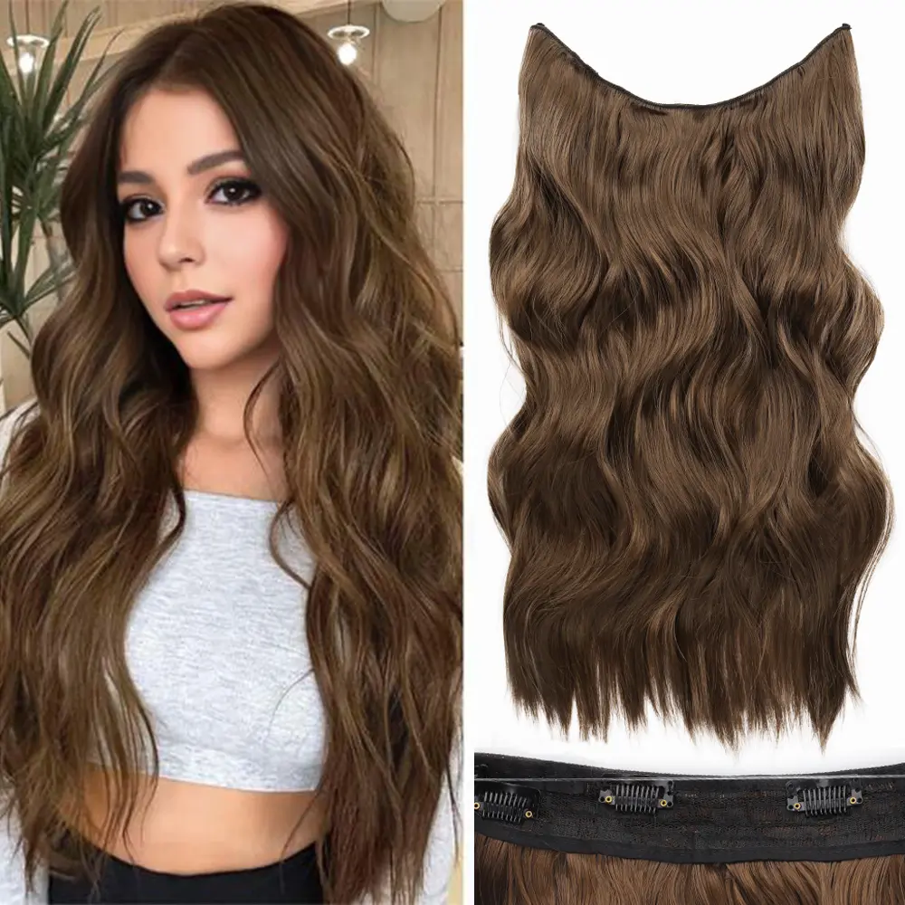 Missqueen Invisible Fishing Wire Hair Extensions with Transparent Wire Headband Adjustable Size 4 Secure Clips Long Wavy Hairpiece 20 InchWomen's Increased Hair Volume Suitable for Daily Party Christmas
