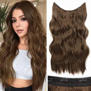 Missqueen Invisible Fishing Wire Hair Extensions with Transparent Wire Headband Adjustable Size 4 Secure Clips Long Wavy Hairpiece 20 InchWomen's Increased Hair Volume Suitable for Daily Party Christmas