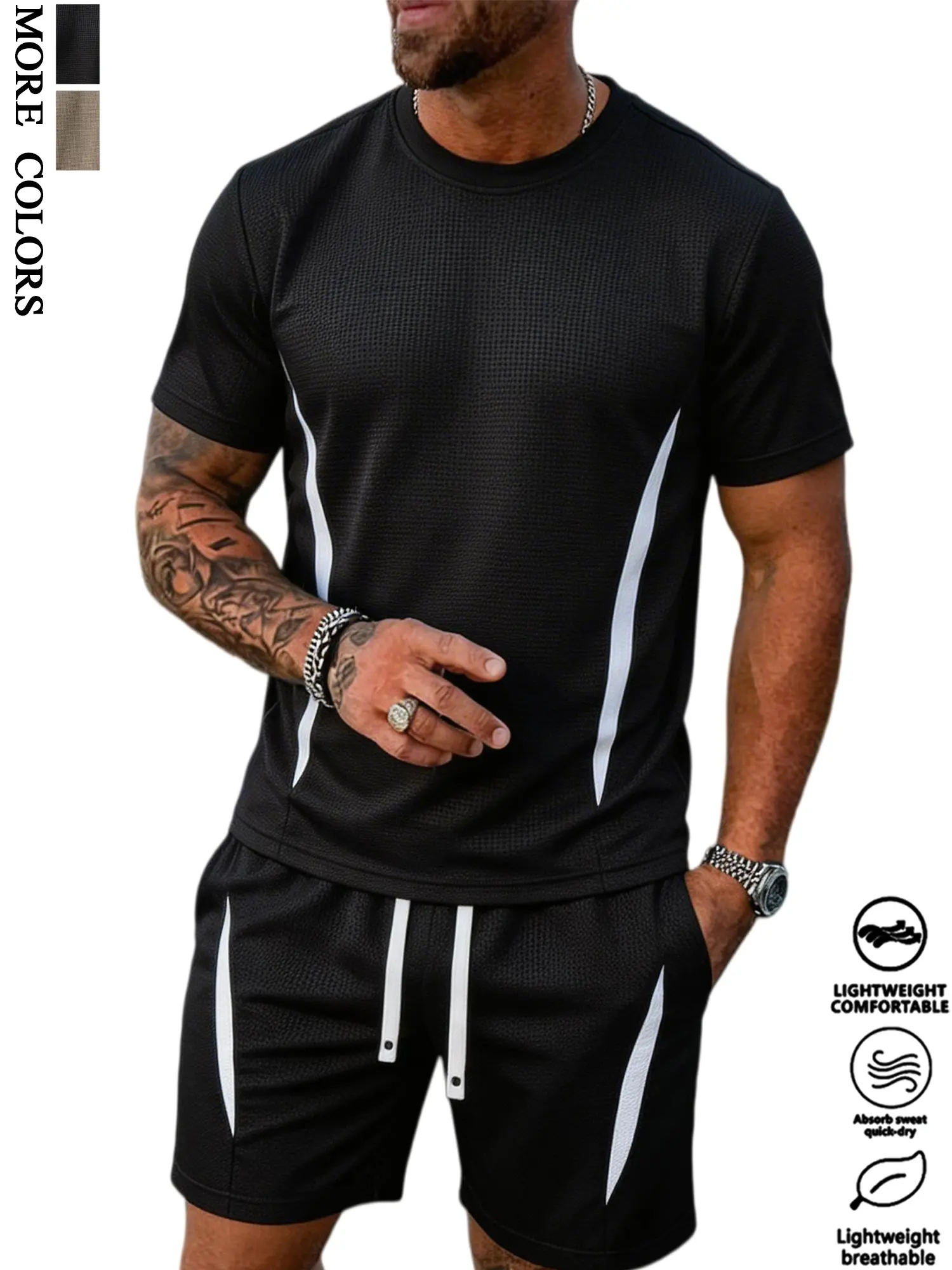 Men's 2-Piece Waffle Knit Matching Workout Set - Lightweight Quick Dry, Elastic Waist Shorts & Short Sleeve Tee, Multi-Size Gym Workout Clothes for Summer Daily & Athletic Activities, Athletic Workout Clothing