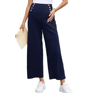 Maternity Pants Women's Smocked High Waisted Double Breasted Wide Leg Long Trousers Pregnancy Loose Lounge Sweatpants Navy Blue Large