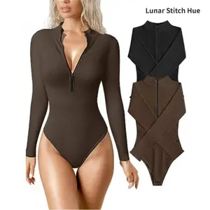 2-piece Set for Women Bodysuit Sexy Ribbed Jumpsuit Front Zipper Long Sleeve Top Bodysuit