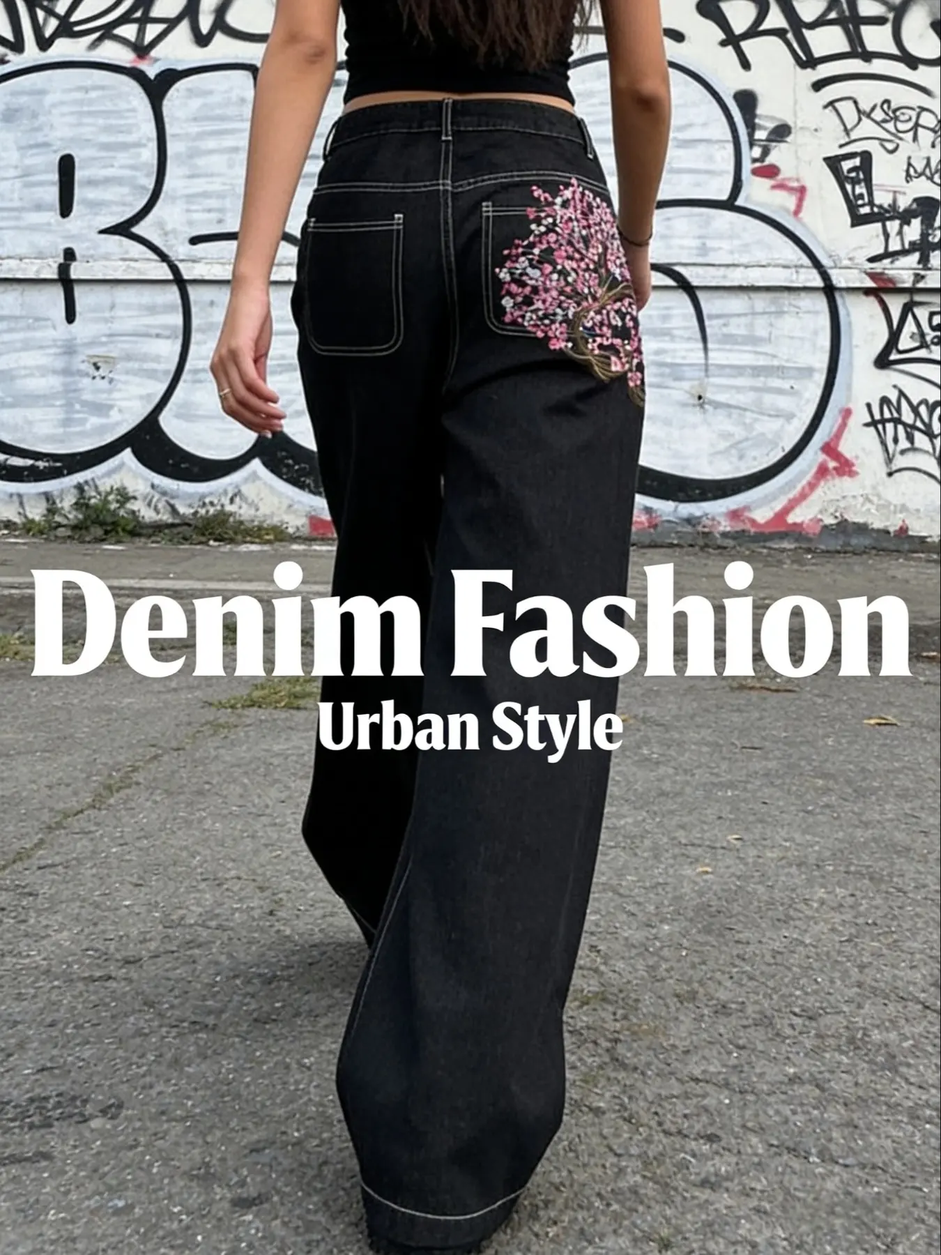 Baggy Jeans, Denim, Cherry Blossom Embroidery Design, Comfortable & Stylish Streetwear Fashion Casual Wear, Perfect for Everyday