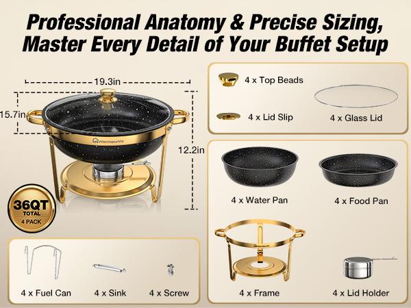 WARMOUNTS 9QT Gold Round Chafing Dishes Display Set - Maifanite-Coated Stainless Steel Food Warmers with Glass Lid Holder, Rolled-Edge Design, Stackable Storage for Catering Events, Maifanite Coat, Round Shape WARMOUNTS 9QT Gold Round Chafing Dishes Display Set - Maifanite-Coated Stainless Steel Food Warmers with Glass Lid Holder, Rolled-Edge Design, Stackable Storage for Catering Events, Maifanite Coat, Round Shape