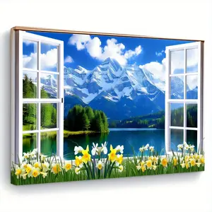 2D Flat 1 Piece Landscape Mountain Canvas Painting, 2D Flat Wooden Frame Wall Art, Ready to Hang, with Blooming Flowers, Suitable for Living Room, Bedroom, Kitchen - Ideal Gift for Home Decoration, Wall Art