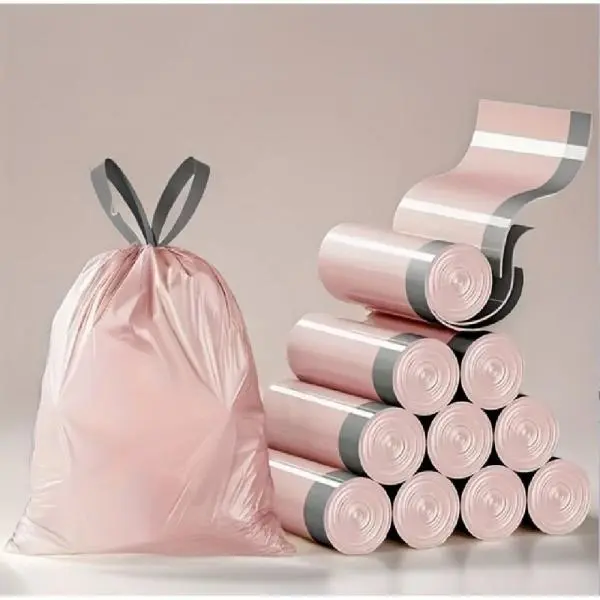 2ROLL 50pcs No-Tear Drawstring Trash Bags Roll, Hanging Pull-Out Disposable 1.1mm Thick Leakproof Waste Bin Liners for Home Bathroom Tiles Bedroom Cabinet Doors, Keeps Kitchen Tidy