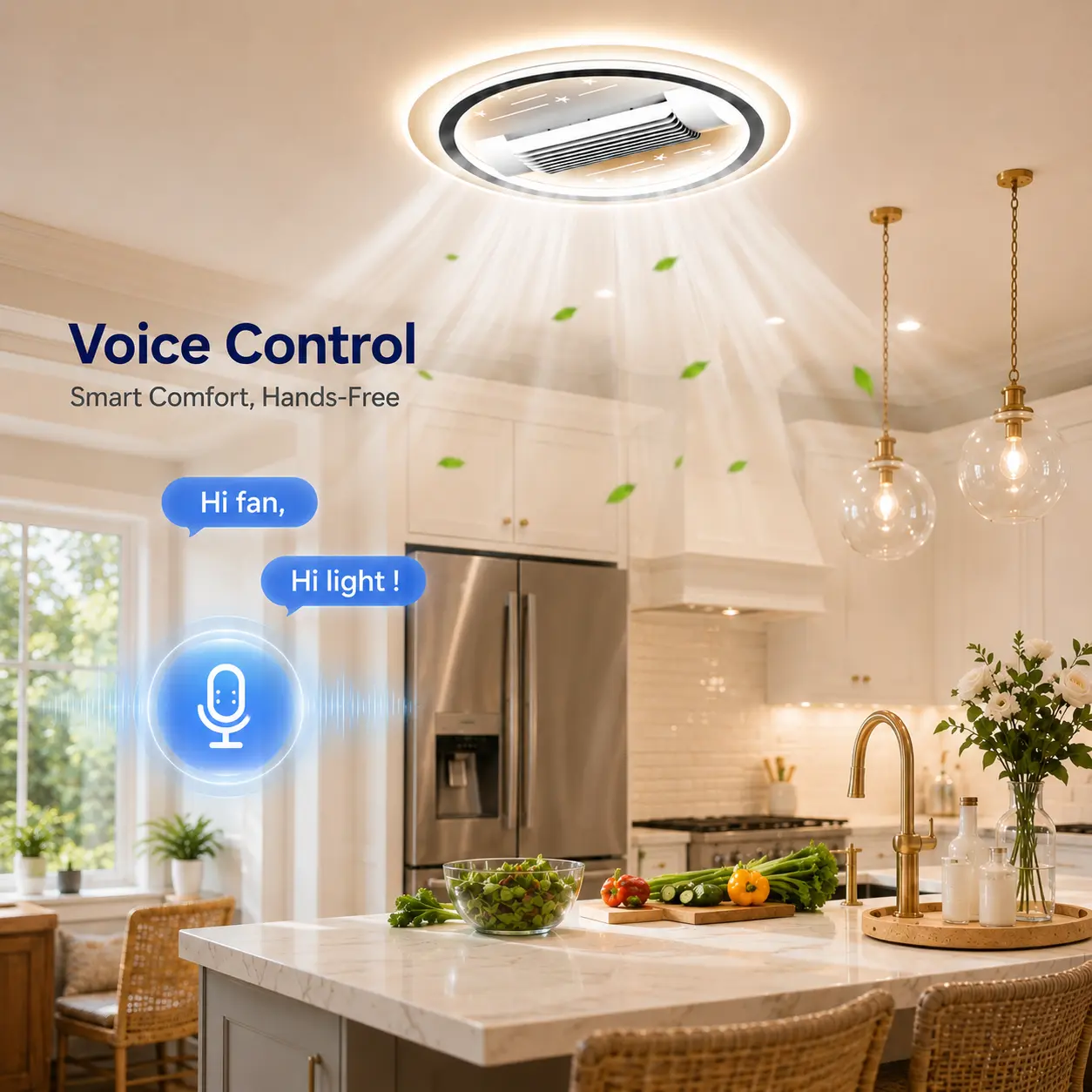 Smart Bladeless Ceiling Fan with Light, Full Spectrum Eye Friendly LED Fan Light, AI Voice Control, 3000K-6000K Dimmable Silent Fan Lamp for Indoor Home