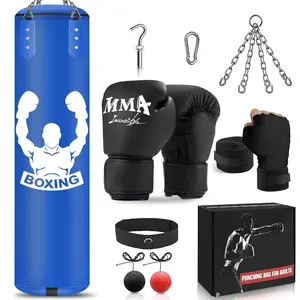 Hanging Punching Bag for Adults 4FT PU Heavy Bag Boxing Training Equipment with 12OZ Gloves Reflex Ball Wristband Kicking Bag Boxing Set for Training Karate Kickboxing Home Gym(Unfilled) Blue