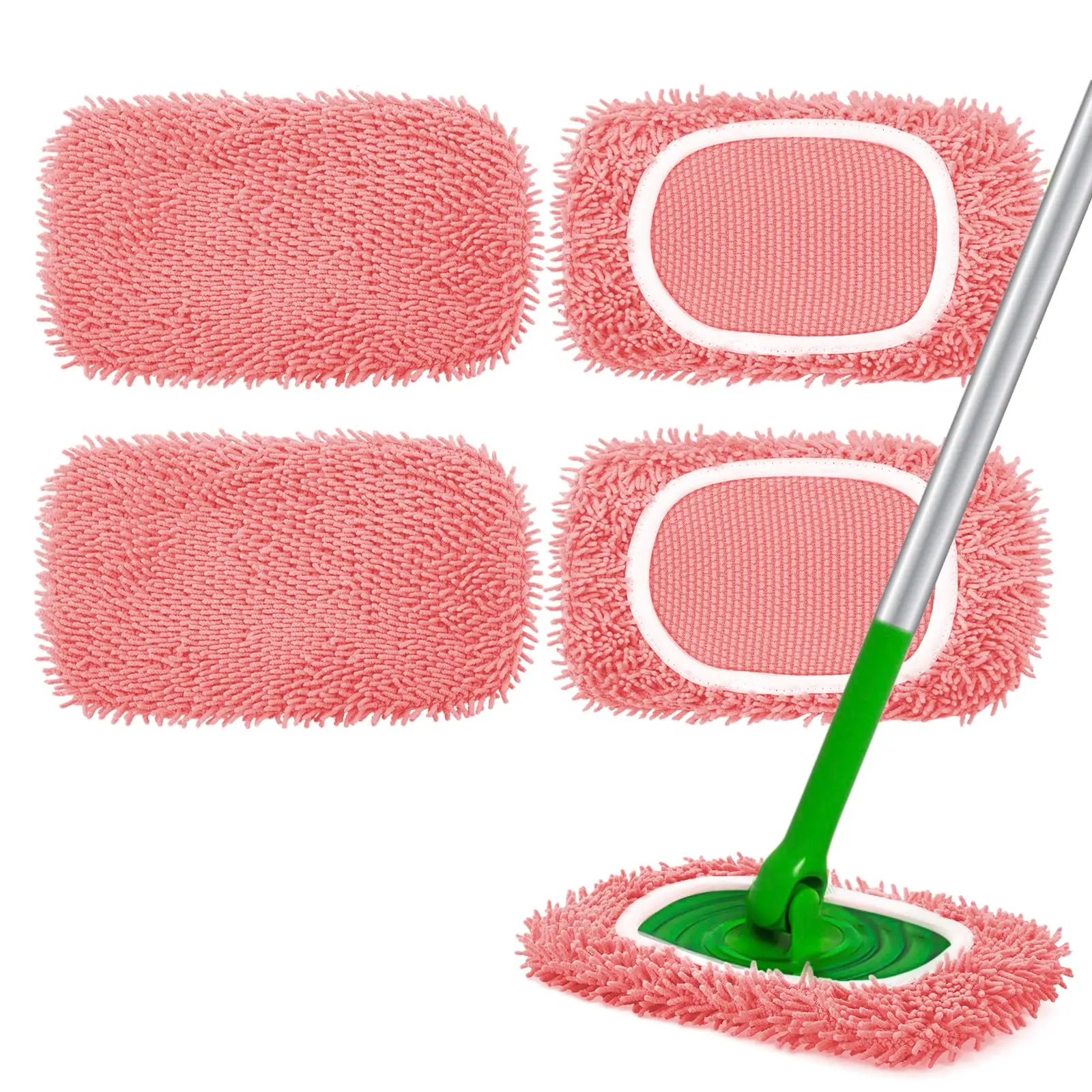 4-Pack Pink Reusable Chenille Mop Pads Compatible with Swiffer Sweeper, Microfiber Wet & Dry Mop Refills, Washable Floor Cleaning Pads for Home, ultra-fine fiber mop pad