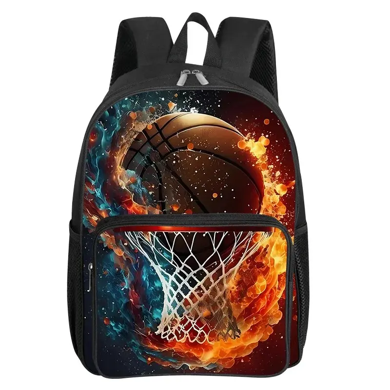 Basketball Pattern Square Front Pocket Backpack for Boy and Girls Best Gifts 2D Flat Cartoon SchoolBags for Children