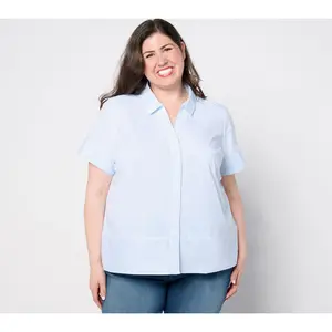 Denim & Co. Poplin Yarn Dye Short Sleeve Striped Shirt