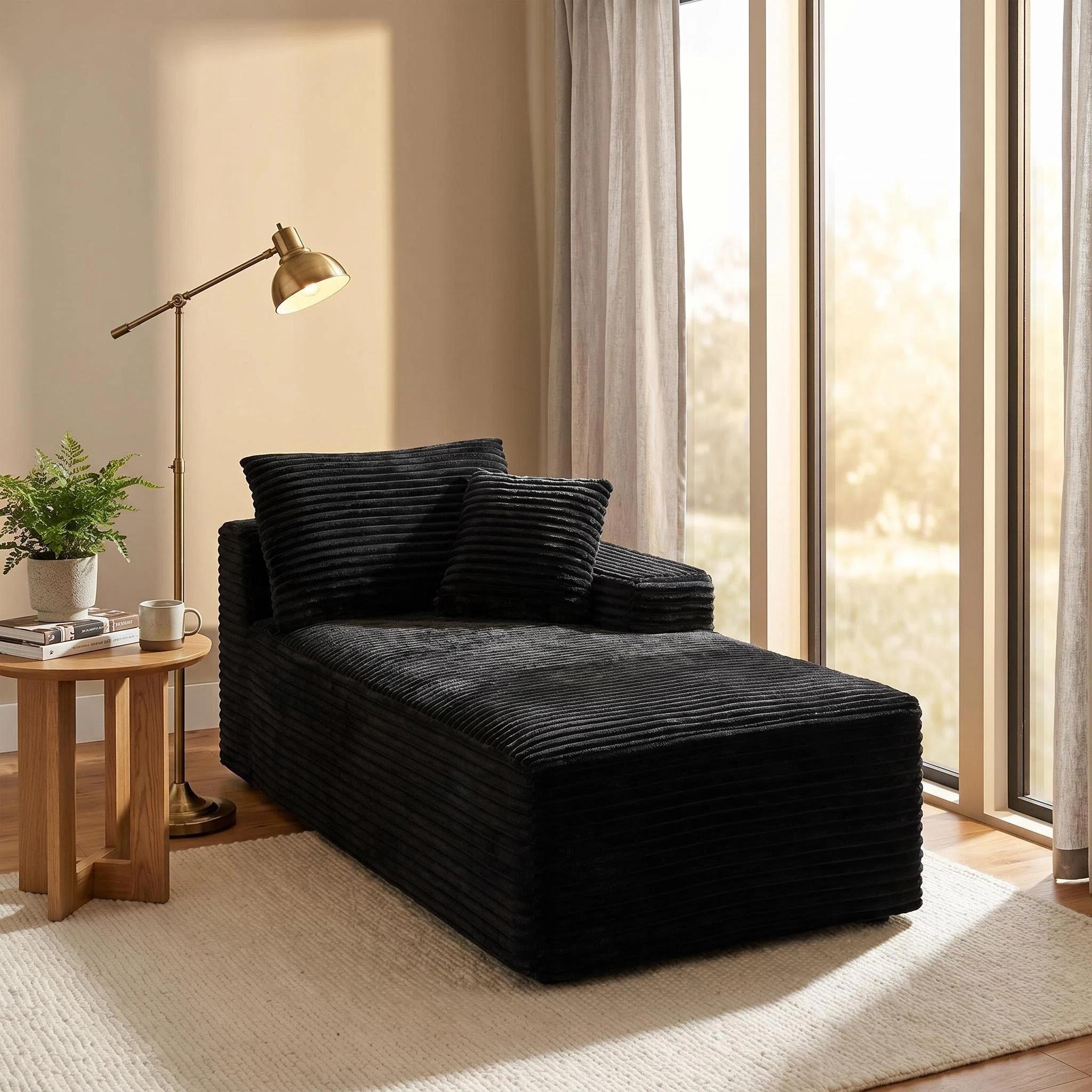 Chaise Lounge Chair Indoor Sleeper Black Corduroy Modular Sofa Couch, Legless Floor-Hugging Armless Accent Chair for Living Room Bedroom, No Assembly Required