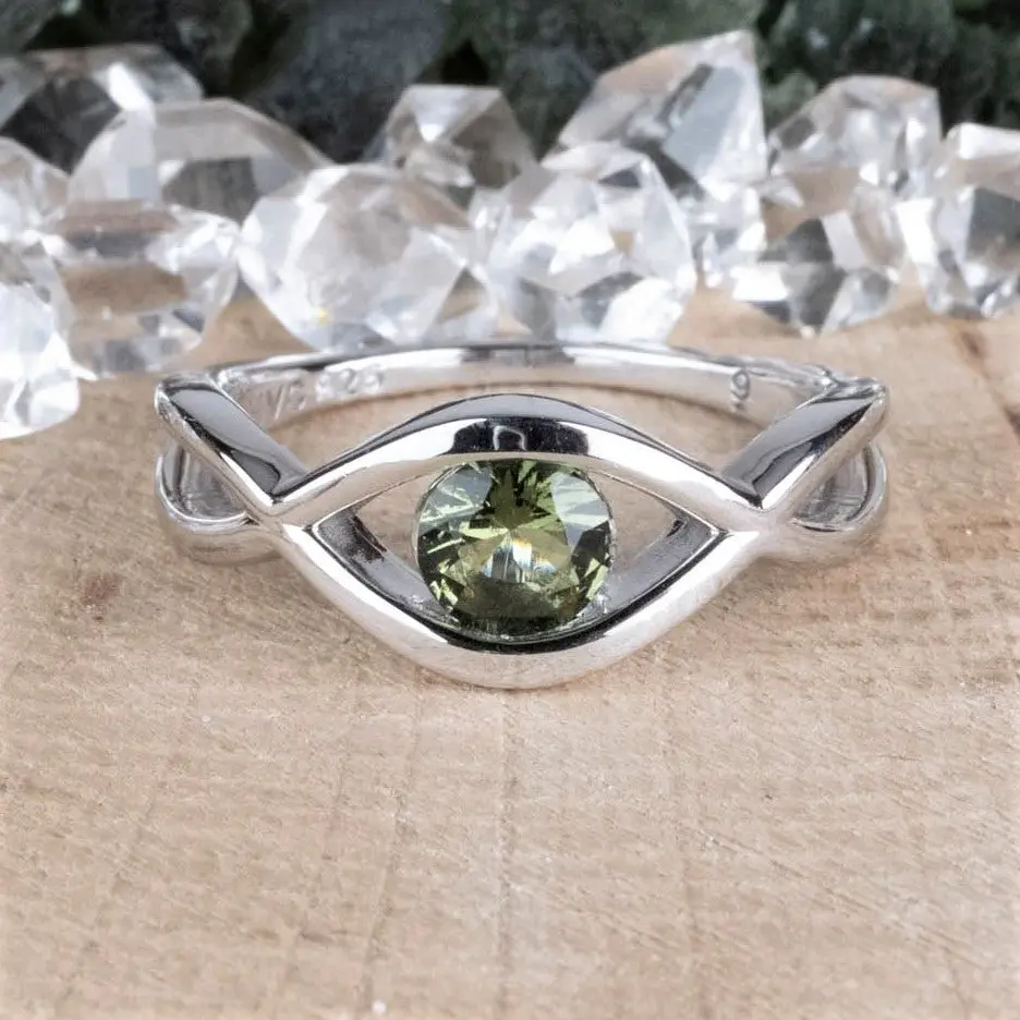Moldavite Gemstone Eye Ring .925 Silver