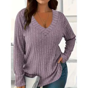 Women's Loose Fit V-Neck Polyester T-Shirt With Soft And Breathable Fabric, All-Season Casual Long Sleeve Tee, Machine Washable