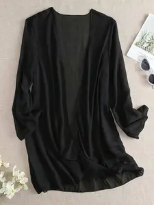 Sheer Chiffon Open Front Kimono - Lightweight Beach Cover-Up