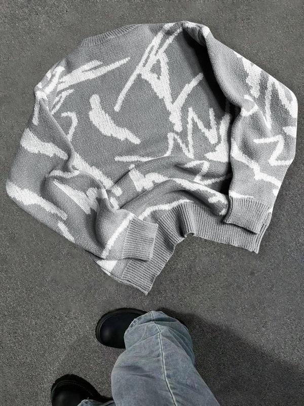 Men's Geometric Print Drop-Shoulder Sweater Pullover, Casual Street Comfy Long Sleeve Round Neck Jumper for Fall & Winter, Men's Knitwear for Daily Wear