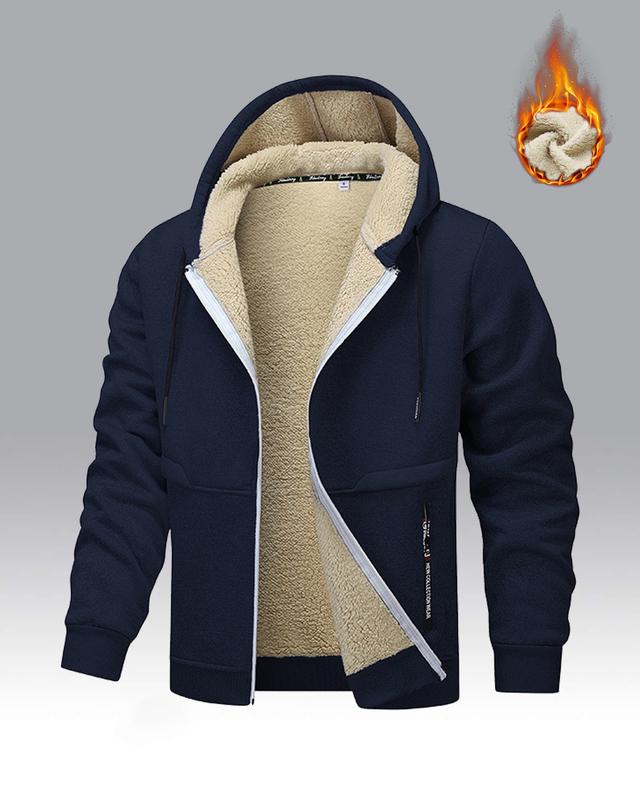 Men's Winter Fleece Hoodie – Thick, warm jacket with an adjustable drawstring hood, ribbed cuffs, and zippered front closure; perfect for outdoor hikes, jogging, fishing, gym workouts, or everyday casual wear; a must-have versatile piece for men's wardrob
