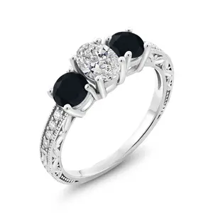 Gem Stone King 10K White Gold IGI Certified Lab Grown Diamond and Black Onyx 3 Stone Engagement Ring For Women | 2.03 Cttw | Center Diamond Oval 1 Ct | D-E Color | VS1-VS2 Clarity