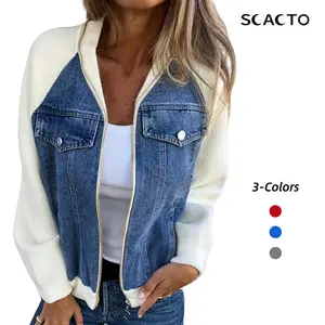 Scacto Women's Denim Patchwork Zip-Up Jacket Stand Collar Casual Coat With Button-Decorated Flap Pockets Fall Winter Fashion Outerwear-FallFreshness-Fall Deals For You plaid button jacket  for  fall