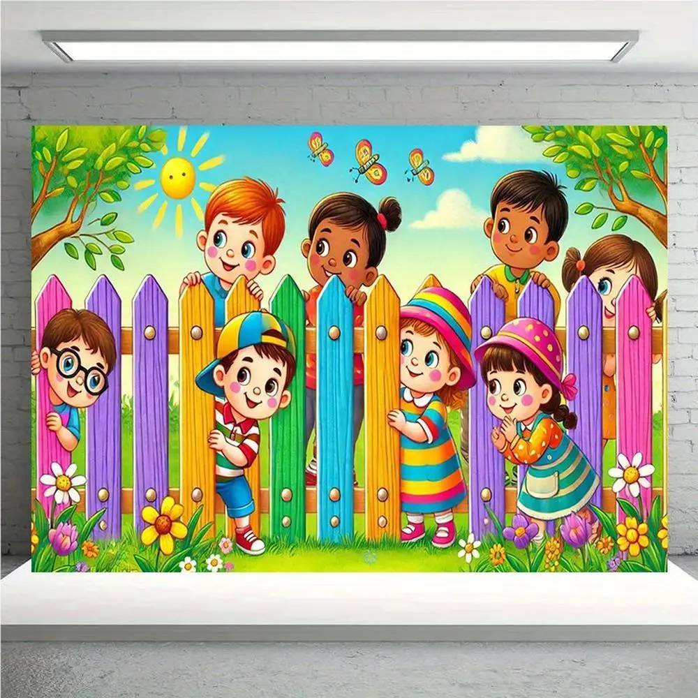 1pc Reusable Polyester Vibrant Playground Backdrop Banners - Colorful Fence, Sun, Flowers, Happy Faces - Ideal for Birthday Parties, Home Decor