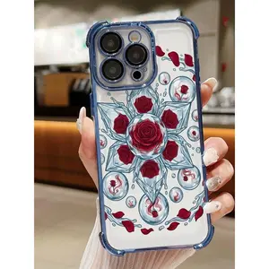Advanced Ice Crystal Rose Phone Case Supports iPhone 12/13/14/15/16/17 Full Series Pro/ProMax/Plus Ice Blue Water Pattern Decoration, Four Corner Thickened Airbag Design Anti Drop Protection Phone Case