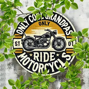 Vintage Motorcycle Pattern Round Sign, Wall Metal Plaque, Decorative Plaque, Only Cool Grandpas Ride Motorcycles Sign, Wall Decor for Home Cafe Bar, Unique Biker Gift