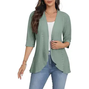 Women Cardigan 3/4 Sleeves Open Front Lightweight Soft Netted Knit Draped Ruffles Cardigan Kimono Cover Ups
