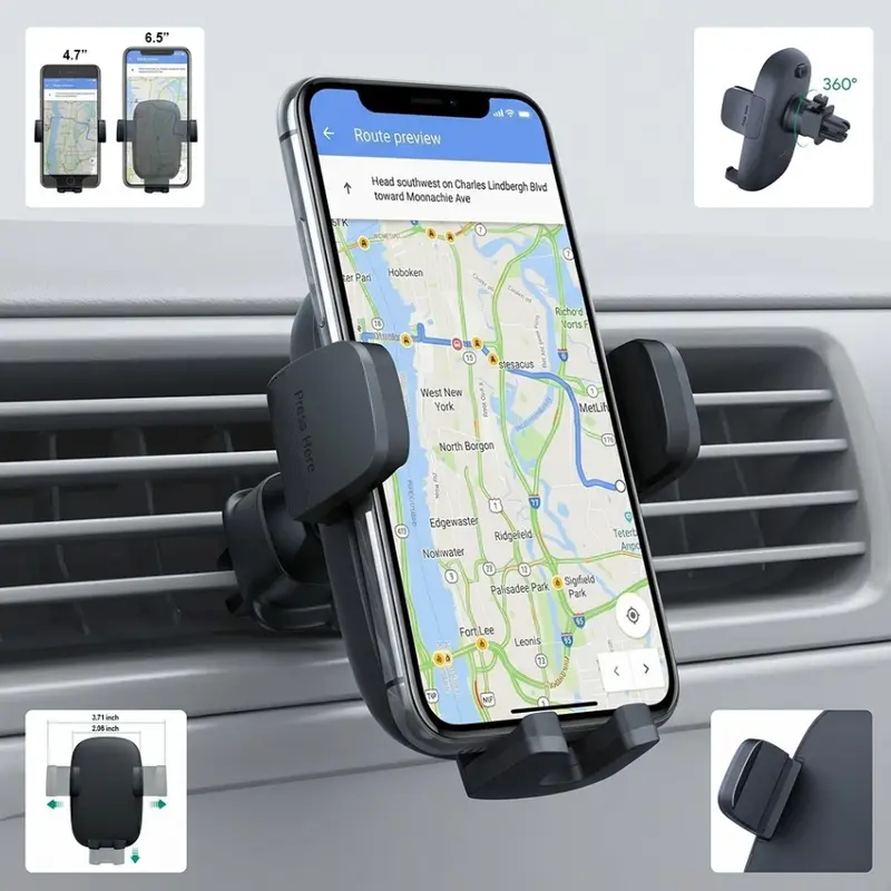 Car Cellphone Mount - Universal Fit Auto Gadgets 360° Rotating Mobile Phone GPS Mount, No-Drill Air Vent Accessory, Secure Hold Car Interior Cradle