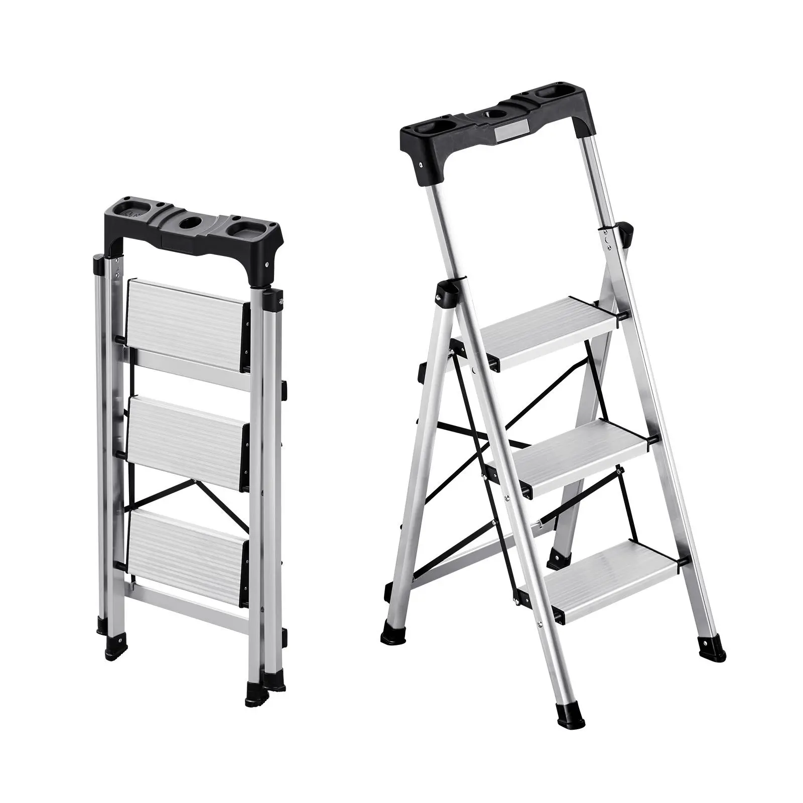VEVOR 3 Step Ladder, Folding Step Stool with Wide Anti-Slip Pedal and Comfort Handgrip, 330 lbs Capacity Portable Aluminum Stepladder, Multi-Use for Kitchen, Warehouse, Household and Office, Silver#BackToSchool