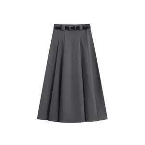 2026 Gray High Waist Pleated Skirt Women Summer 2026 New A Line Mid Length Slim Fit Elegant Skirt Womenswear Bottom Palda Basic Minimalist