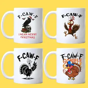 BNB – Funny Crow Christmas 11oz & 15oz White Ceramic Mug, I Mean Merry Christmas F-Caw-F Mug Gift for Besties Colleague Family Friends on Halloween Thanksgiving Christmas, Hilarious Office or Home Office Drinkware Reusable And Washable Cup
