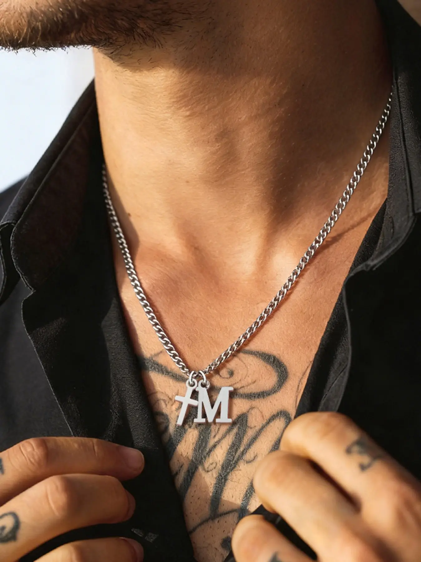 Men's Cross Initial Pendant Necklace, Fashion Silver Color Stainless Steel Chain, Elegant Letter Design, All Seasons Jewelry, Accessory Chain, Minimalist Necklaces, Casual Style Necklaces